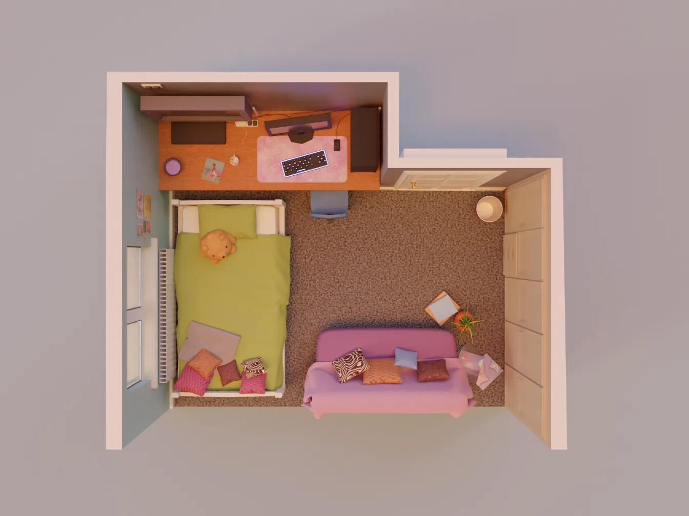 a 3d render of a bedroom with a single bed, a sofa bed couch, a tv on the wall, built in wardrobes and a double window
